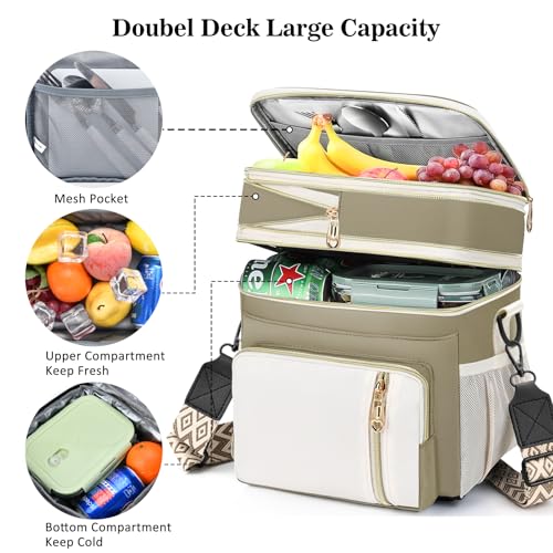 LOKASS Lunch Box for Women/Men-16L-Insulated Lunch Bag, Expandable Double-layer Leakproof Cooler Bag with Upgrade Adjustable Shoulder Strap Ideal for Work/Travel/Picnics（Beige&White） - color: Beige