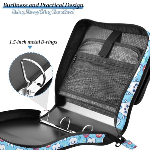 Dental Health Cartoon Teeth Blue Office Binder Organizer with Shoulder Strap Waterproof 1.5 Inch 3 Rings Pencil Bags Portfolio Binder Documents Files Organizer - color: Dental Health Cartoon Teeth Blue