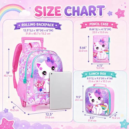 AGSDON 3PCS Kids Rolling Backpack, Girls Roller Wheels Bookbag, Wheeled Elementary School Bag with Lunch Bag - White Cat - color: White Cat Roller