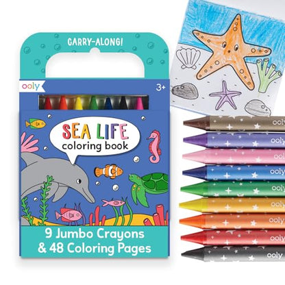 Ooly Kids Travel Activity Kit – 9 Jumbo Crayons & 48 Coloring Pages, Car Crafts for Kids, Mess-Free Road Trip Art Set, Airplane Activities – Sea Life - color: Sea Life
