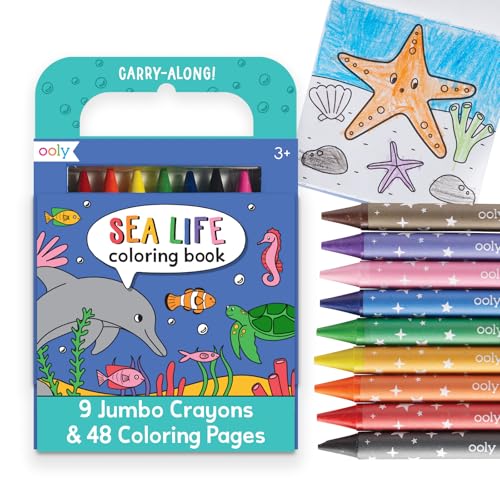 Ooly Kids Travel Activity Kit – 9 Jumbo Crayons & 48 Coloring Pages, Car Crafts for Kids, Mess-Free Road Trip Art Set, Airplane Activities – Sea Life - color: Sea Life
