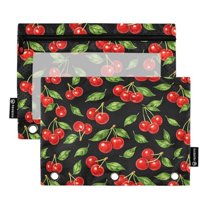 2 Pack Pencil Pouch for 3 Ring Binder Red Cherry Pencil Case Pouch with Clear Window Zipper Binder Pencil Pouches Pen Bag for Office School Supplies - color: Red Cherry
