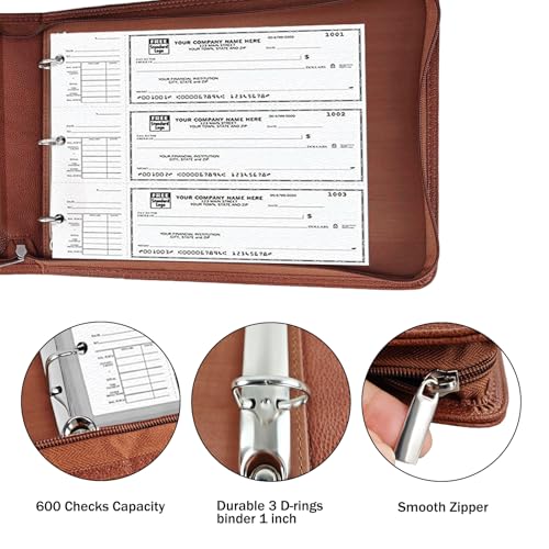 LLi Cufite 3 Rings Check Binder for End-Stub Deskbook Checks, Zipper Business Check Binder, 3 on a Page, Fit 3 & 9 Holes Check Faux Leather (Brown) - color: Brown