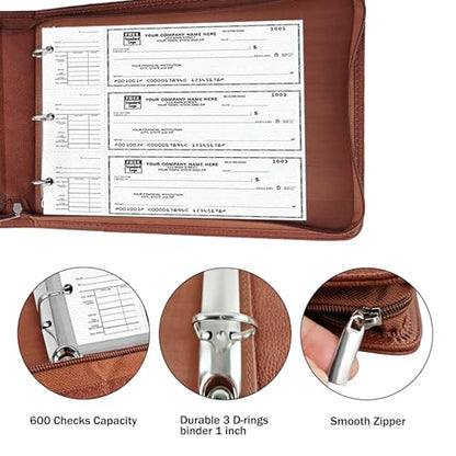 LLi Cufite 3 Rings Check Binder for End-Stub Deskbook Checks, Zipper Business Check Binder, 3 on a Page, Fit 3 & 9 Holes Check Faux Leather (Brown) - color: Brown