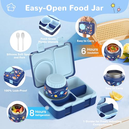 Bento Lunch Box for Kids Adult, Leakproof 3-4 Compartment Bento Box Set with Insulated Food Jar,Water Bottle, Lunch Bag, School Lunch Container for Toddler Teen Girls Boys Ages 3+(Space) - color: Space