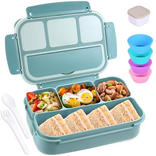 shell and turtle Bento Box Adult Lunch Box, Lunch Containers for Kids Girls Boys with 4 Compartments, Lunchable Food Container with Utensils, Sauce Jar, Muffin Liners, 40 Oz/5 Cup, Light Teal - color: Light Teal