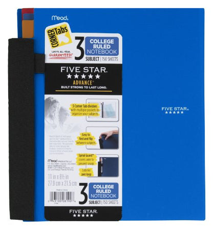 Five Star MEAD Notebook, 3-Subject, College Ruled, 150 Sheets, 8-1/2 x 11 Inches, Assorted (MEA08190)