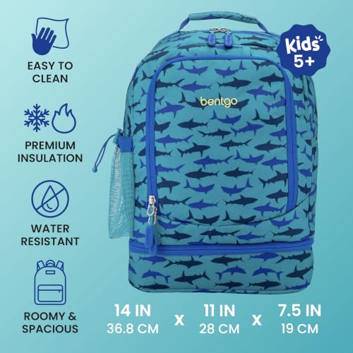 Bentgo Kids 2-in-1 Backpack & Insulated Lunch Bag - Durable 16” Backpack & Lunch Container in Unique Prints for School & Travel - Water Resistant, Padded & Large Compartments (Shark) - color: Shark