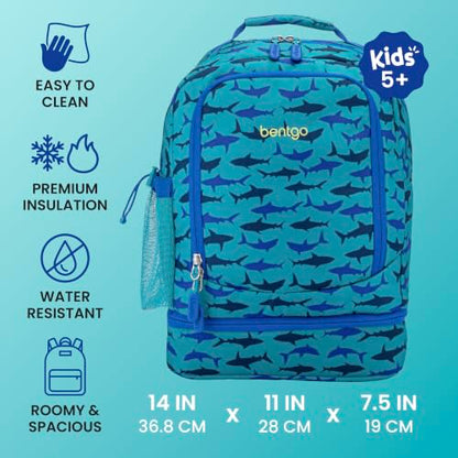 Bentgo Kids 2-in-1 Backpack & Insulated Lunch Bag - Durable 16” Backpack & Lunch Container in Unique Prints for School & Travel - Water Resistant, Padded & Large Compartments (Shark) - color: Shark