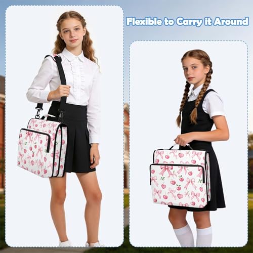 Pink Bow Cherry Leaf Pattern Zipper Binder 3 Ring with Handle and Shoulder Strap, 500 Sheet Binder Organizer Capacity & Multi-Pockets for School Office - color: Aa01