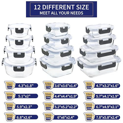 MFY 12-Pack Glass Storage Containers with Lids, Glass Meal Prep Containers Set, Airtight Lunch Containers with Lids, Microwave, Oven, Freezer and Dishwasher Safe, Gray