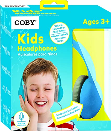 Coby Wired Kids’ Headphones, Over-Ear Headphones with 3.5-Millimeter Jack and Soft Cushions for School, Learning, and Travel, 85 dB Volume Limit, Built-in Microphone, Adjustable Headband, Blue - color: Blue