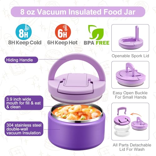 MAXSO Bento Lunch Box Set for Kids with 8 oz Soup Thermo, Leakproof Hot Food Container with 4 Compartments, Insulated Food Jar for Toddler Daycare Boys Girls School - Purple - color: Purple