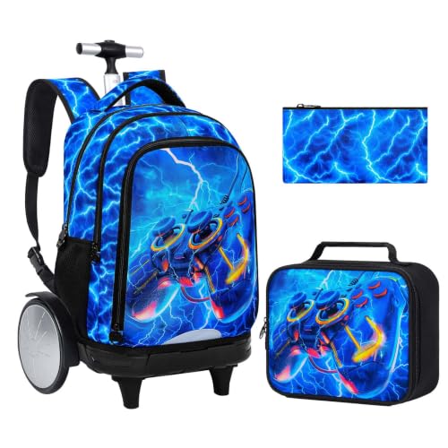 UFNDC Big Wheel Rolling Bookbag, Water-Resistant Boys Wheeled Backpack with Lunch Box & Pencil Case, 3-Pack Kids Roller School Bag Travel Set - Lightning Game - color: Rolling Backpack Lightning Game Blue