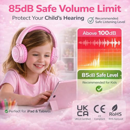 K6C Kids Headphones with USB-C, for Toddler & Kids Ages 2-12, 85dB Safe Volume Limited, Adjustable Headband & Foldable Wired, On-Ear Headphones for School, Travel, Tablet, iPad - color: Pink