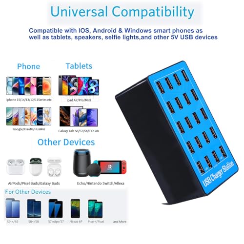 100W 20-Port Multi-Device USB Charging Station - Supports simultaneous Charging for Smartphones, Tablets, smartwatches and Other USB-Powered Devices.(20 Port Charger Station-Blue)