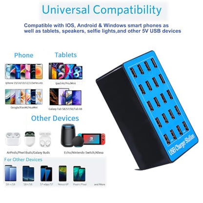 100W 20-Port Multi-Device USB Charging Station - Supports simultaneous Charging for Smartphones, Tablets, smartwatches and Other USB-Powered Devices.(20 Port Charger Station-Blue)