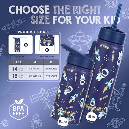 FAHRMOSIS 14 OZ Kids Water Bottle with Straw & 2 Lids (Flip & Spout) Leak Proof Metal Insulated Stainless Steel Reusable Tumbler for School & Sports Water Bottle - Black (Space) - color: Black(Space), style: Water Bottle - 14 OZ