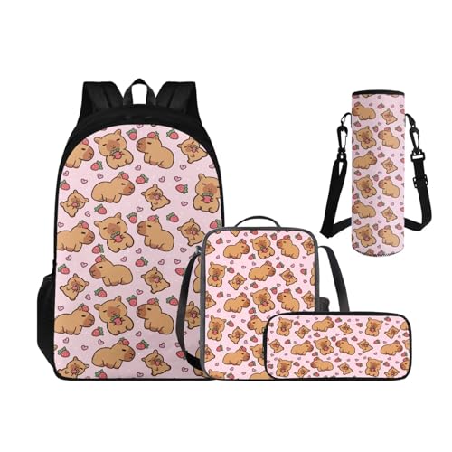 Strawberry Capybara Bag,Cute Bookbag School Supplies for Kids Back to School Multifunctional Backpacks Set of 4 for 3rd Grade Boys Girls children's Lunch Box Pencil Case Water Bottle Holder - color: Strawberry Capybara Adorable
