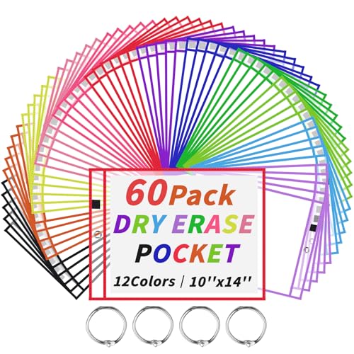 60 Packs Dry-Erase Pockets Bulk Oversized Reusable Dry Erase Pocket Sleeves with 4 Rings, 12 Assorted Colors 10x14 Ticket Holders, Clear Plastic Sheet Protectors, Teacher School Classroom Supplies - color: 12 Colors, size: 10 X 14"-60 PCS