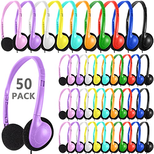50 Pack Bulk Classroom Headphones for Kids Students School, Multi Color Wired Headphones with 3.5mm Jack for Children Chromebook Laptop PC Computer(LS04,50 Mixed) - color: Mixed Colors, size: 50 Pack