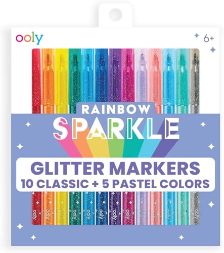 Ooly Rainbow Sparkle Glitter Markers, Set of 15 | Ages 6+, 5 Pastel and 10 Classic Colors, Round Tip, Non-Toxic Sparkling Glitter Art Supplies for Kids and Adults - color: Glitter