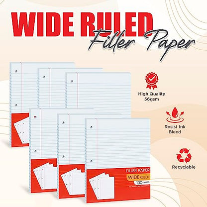 Loose Leaf Notebook Paper Wide Ruled – 10.5″ × 8″ 3-Hole Punched Filler Paper, 100 Sheets per Pack, 6-Pack (600 Sheets) – Lined Binder Refill for School, College, Classroom & Home Office - style: 6 Pack