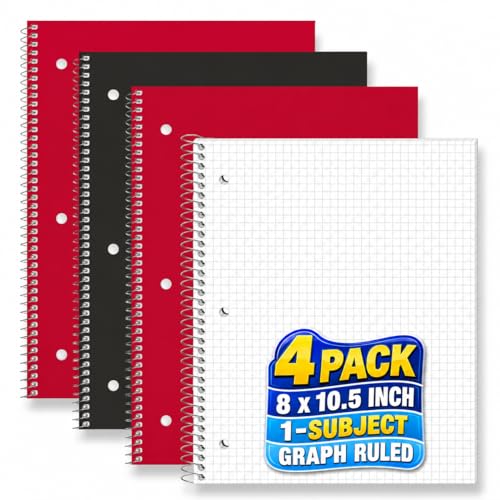 1InTheOffice Graph Paper Notebook, Spiral Notebook, Quad Ruled Graph Paper, 8 x 10.5 Inch, 5 Squares per Inch, 70 Sheets, 4 Pack