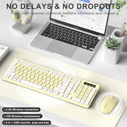 Wireless Keyboard and Mouse Combo, Full-Sized Wireless Keyboard and Adjustable DPI Mouse, 2.4GHz USB Receiver, Keyboard and Mouse for PC, Windows, Desktop, Laptop (Canary Yellow) - color: Canary yellow