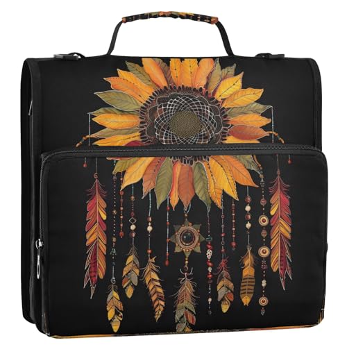 3 Ring Zipper Binder Sunflower Dream Catcher Binders Bag with Shoulder Strap 500 Sheets Paper Organizer Trapper Keeper Documents Storage File Folder for School Office - color: A1189