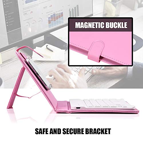 Portable Bluetooth Keyboard with Leather Case Cover with for 4.5''-6.8'' iOS, Android and Windows Smart Phones, Detachable with Kickstand - color: Pink