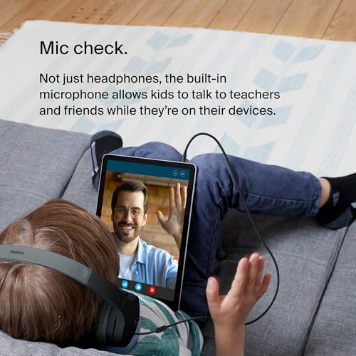 Belkin SoundForm Mini Kids Wired Headphones with Built-in Microphone & Fun Stickers, 85dB Safe Volume Limit – for Online Learning, Travel, Compatible w/iPhone 15, iPad, Galaxy S23, & More - Black - color: Black, style: Wired