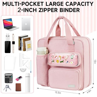 Zipper Binder 3 Ring with Ita Window,500 Sheets Capacity, Binder 2 Inch with Shoulder Strap Fits 13 Inch Laptop for School and Office,Pink - color: Pink（model B）