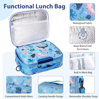 Kids Bento Lunch Box Set with 9.5oz Soup Thermo, Leak-Proof Lunch Food Containers with 3 Compartment and Removable Inner Tray, Insulated Hot Food Jar with Lunch Bag for School, Office, Sea Blue - color: Sea Blue