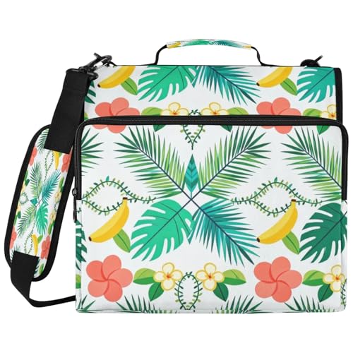 Tropical Leaf Banana Zipper Binder with 2 Inch D-Rings Expandable File Portfolio with Shoulder Strap, Waterproof Nylon Organizer for 14" Laptop for Work College Travel
