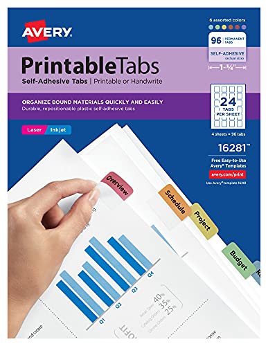 Avery Printable Self-Adhesive Plastic Tabs, 1-1/4", Repositionable Adhesive, Assorted Colors, Pack of 96 (16281)