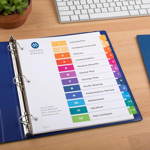 Avery 12 Tab Dividers for 3 Ring Binders, Customizable Table of Contents, Multicolor Tabs, 6 Sets (11196) - size: 12 tabs