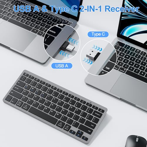 OMOTON Compact Wireless Keyboard for PC/Tablet, USB-C USB-A, Grey | 2.4G wireless with Scissor-Switch quiet keys. Ultra-slim, ergonomic, auto-sleep, 6-month battery. For office, travel & home - color: Grey