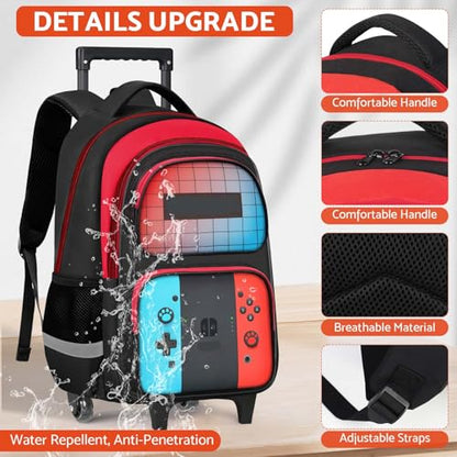 TILYTADLY Gamer Rolling Backpack for Boys - 3PCS Boys Rolling Backpack With Lunch Box and Pencil Case for Kids Children Teens Elementary Middle School,HFHTDC Roller Bookbag With Wheels for Aged 6-18 - color: red-blue-Backpack set