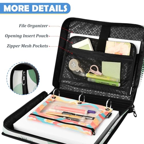 Boho Palm Leaves Zipper Binder with 2 Inch D-Rings Expandable File Portfolio with Shoulder Strap, Waterproof Nylon Organizer for 14" Laptop for Work College Travel