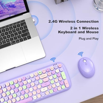 Wireless Keyboard and Mouse Combo, 2.4GHz Wireless Retro Keyboard and Mouse for PC/Laptop/Desktop/Windows (Purple Colorful) - color: Purple