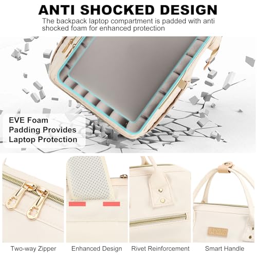 AIJIEKE Lunch Backpack for Women, 15.6 Laptop Backpack, Lunch Box, Beige | Water resistant computer bag with insulated leakproof cooler. Travel meal prep backpack for nurse, teacher, college commute - color: Beige