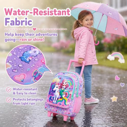 AGSDON 3PCS Kids Rolling Backpack, Girls Roller Wheels Bookbag, Wheeled Elementary School Bag with Lunch Bag - Mermaid - color: Fish Uni Rainbow Roller