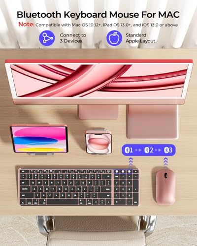 seenda SKM64-2 Bluetooth Keyboard and Mouse Combo for Mac, MacBook and iPad | 3-device Bluetooth switching, rechargeable, quiet keys/clicks, compact slim design for office and home use, Black & Rose Gold - color: Black & Rose Gold