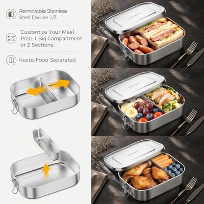 G.a HOMEFAVOR Stainless Steel Bento Lunch Box, 2-Compartment, 1600 ml/54 oz | Leak-Proof, Dishwasher Safe, BPA-Free, with Lock Clips & Removable Divider, Large Capacity, Meal Prep, for Adults - size: 1600 ml - with Compartments