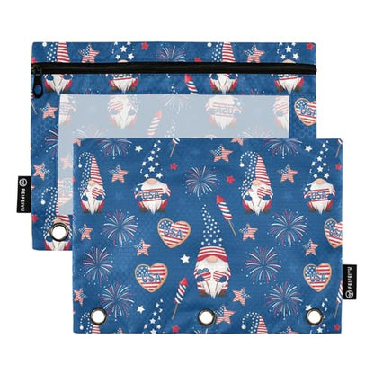 Emelivor Gnome 4th July Pencil Pouch for 3 Ring Binder 2 Pcs Binder Pouches with Zipper Pocket Pencil Case Bag with Clear Window for College Office Daily Supplies - color: 16-4th July