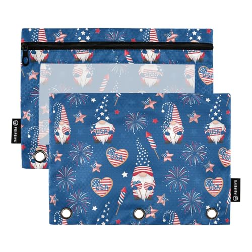 Emelivor Gnome 4th July Pencil Pouch for 3 Ring Binder 2 Pcs Binder Pouches with Zipper Pocket Pencil Case Bag with Clear Window for College Office Daily Supplies - color: 16-4th July