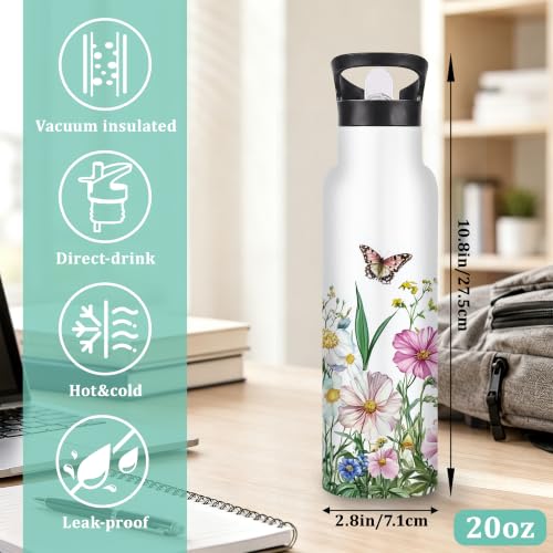 Insulated Water Bottle,Butterfly Lavender 20 oz Stainless Steel Water Bottles with Straw Lid,Flowers Leaves Leak Resistant Double Insulated Flask with Handle,Fits Cup Holder,Keeps Drinks Cold - color: Butterfly Lavender,Flowers Leaves