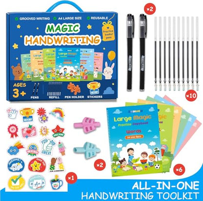 Monking Large Magic Practice Copybook for Kids,Handwriting Grooved Practice Book 6 Pack with Pen Refill English Cursive Calligraphy Reusable Age 3-8 - style: 6 Pack gift set