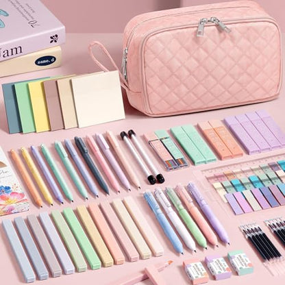 62PCS Aesthetic School Supplies with Cute Pencil Case, Pastel Highlighters Black Ink Gel Pens Mechanical Pencils Kit, Back to School Supplies College Essentials Preppy Stationary Set for Student Girls - color: Beige